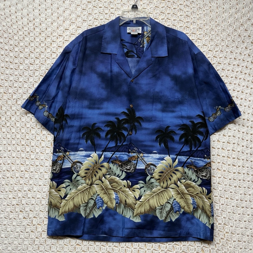 Pacific Legend Hawaiian Shirt Mens XL Blue Motorcycle Print Short Sleeve USA